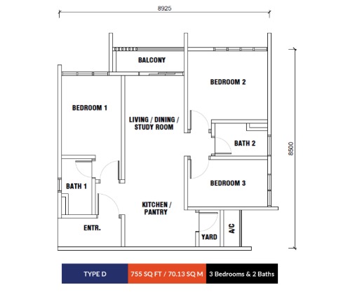 Type D floor plan showing the room layout and dimensions